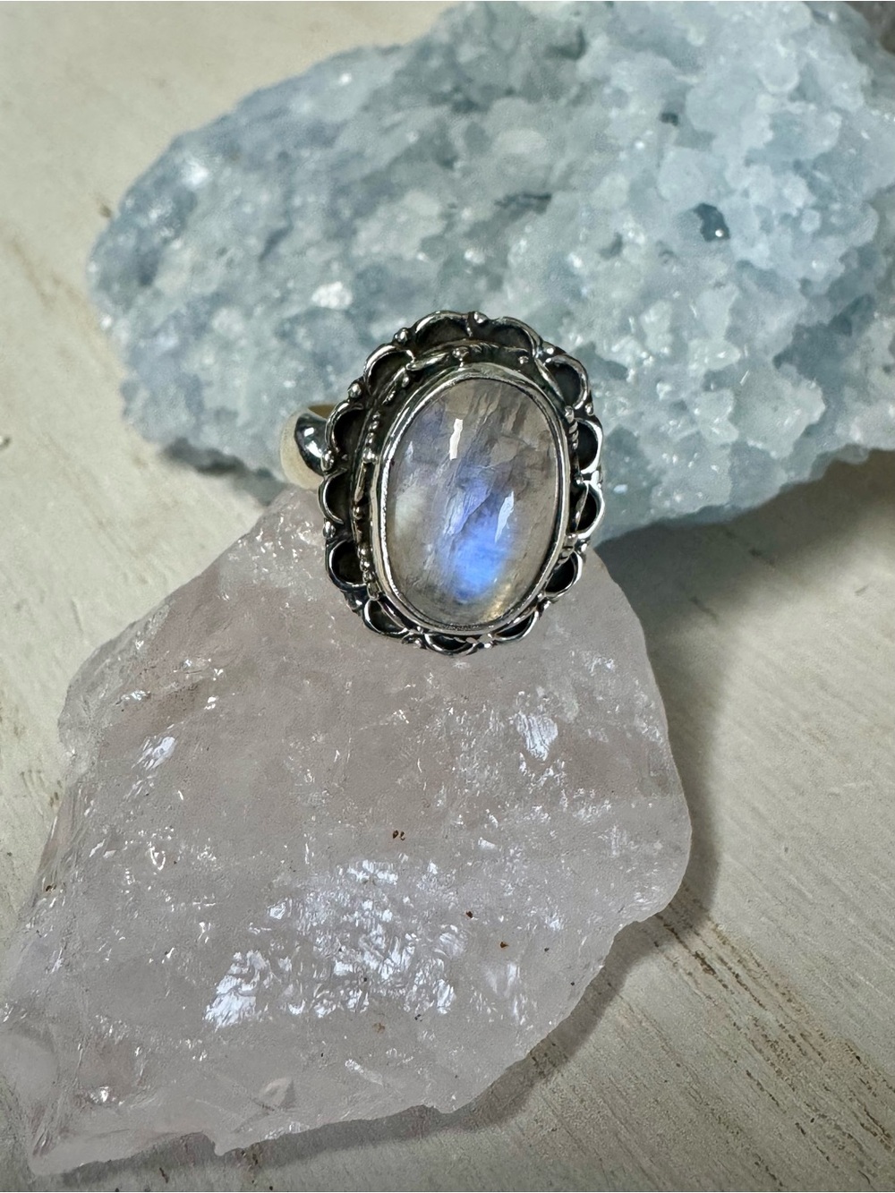 Rainbow Moonstone Sterling Silver Statement Ring - Blue Flash - Size 6